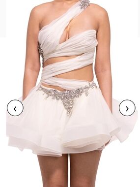 One-Shoulder Ivory Wrapped Cocktail Dress with Crystal Embellishment